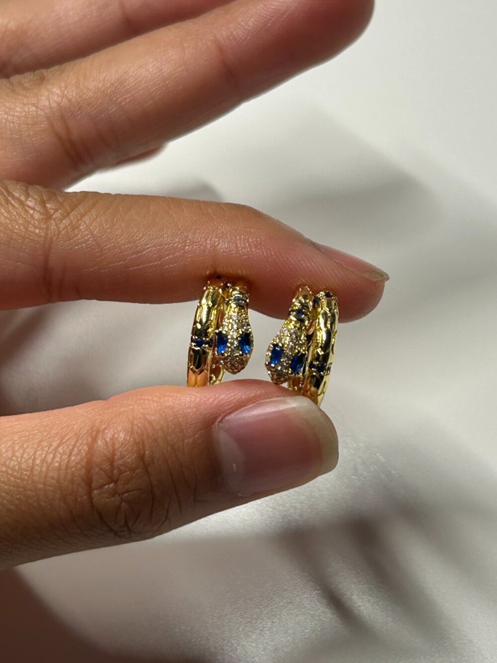Gold-Tone Snake Huggie Hoop Earrings Blue Gems Glam Festival Concert Unique GUC